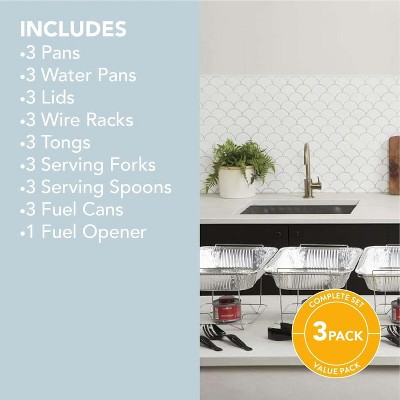 Alpha Living Disposable Chafing Dish Buffet Set, Food Warmers for Parties, Fuel Cans Complete Set, Half Size Pans, Warming Trays (3 Pack)
