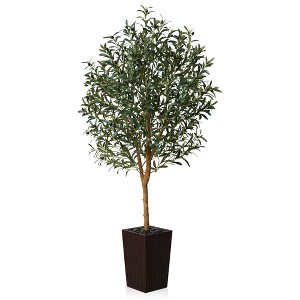 DR.Planzen 72" Artificial Olive Tree with Real Wood Branches - 6FT UV Resistant Indoor/Outdoor Fake Plant in 15.7" Planter (B/W/Coffee) - 1 of 4