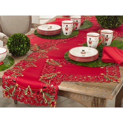Festive Red Embroidered Christmas Tree Tablecloth, 67" x 120"