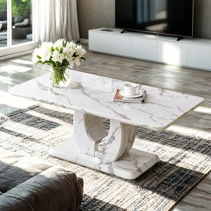 43"W Coffee Table Cocktail Table Center Table, Marble Pattern/Wood Texture, Minimalist, White/Black/Walnut-ModernLuxe - 1 of 4