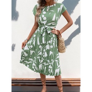 Womens Dress Summer Round Neck Short Sleeve Print Pleated Midi Dress - 1 of 3