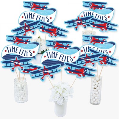 Big Dot of Happiness Taking Flight - Airplane - Vintage Plane Baby Shower or Birthday Party Centerpiece Sticks - Table Toppers - Set of 15