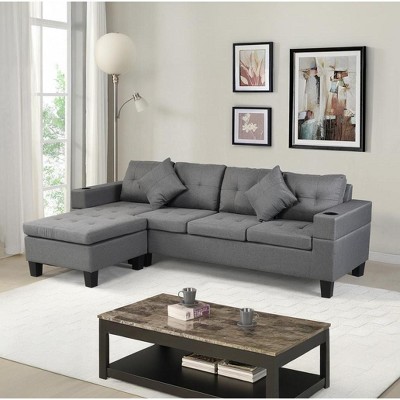 Sectional Sofa Set for Living Room with L Shape Chaise Lounge,cup holder and Left or Right Hand Chaise Modern 4 Seat (FAUX Polyester Gray)