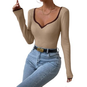 Women's Fashion Elegant V-Neck Knit Top, Slim-Fit Solid Color Versatile Blouse for Casual & Daily Wear - 1 of 4