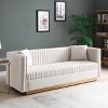 Contemporary Velvet Sofa - Vertical Channel Tufted Modern Couch with Gold Metal Base & 2 Pillows, Solid Wood Frame for Living Room - 3 of 4