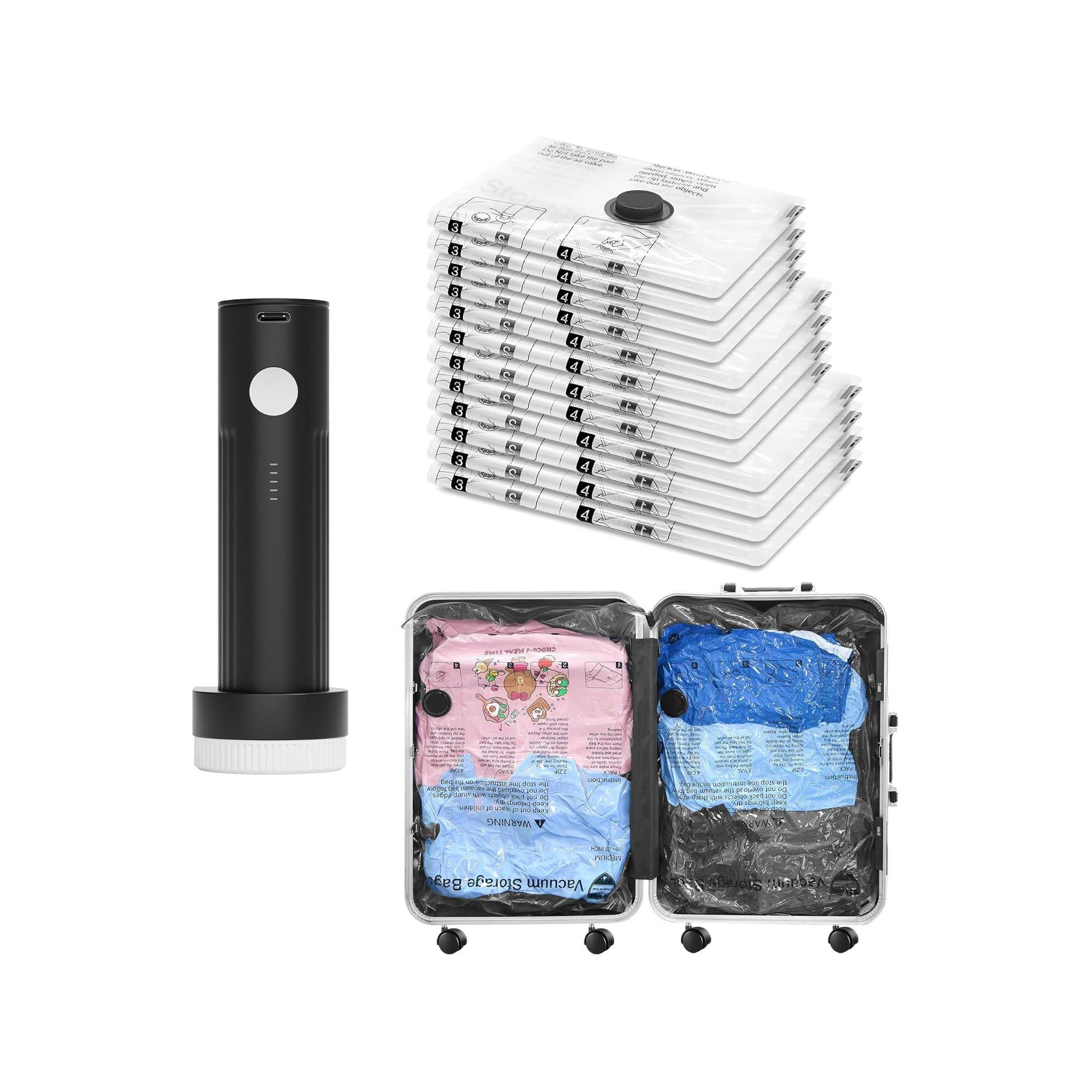 12 Pack Travel Vacuum Bags With Rechargeable Air Pump - Compression Packing Cubes For Backpack and Suitcase