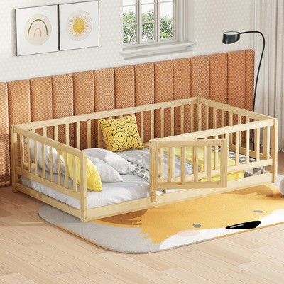 Vynxaria Twin Size Montessori Floor Bed with Fence & Door - Safe & Fun for Kids