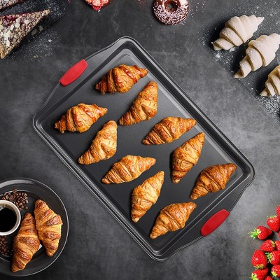 JoyTable Nonstick Carbon Steel Cookie Sheet Set with Red Silicone Handles