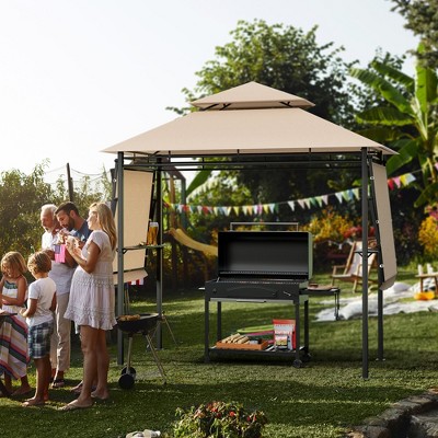 Beige and Black Steel Grill Gazebo with Side Awnings