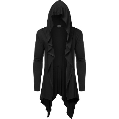 Мужские кардиганы COOFANDY Long Hooded Cardigan Ruffle Shawl Collar Open Front Lightweight Drape Cape Overcoat with Pockets Black XL — фото 2