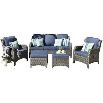 XIZZI Outdoor Patio Furniture Conversation Set 5 Pieces All Weather Wicker High Back Couch with Ottomans Gray Wicker