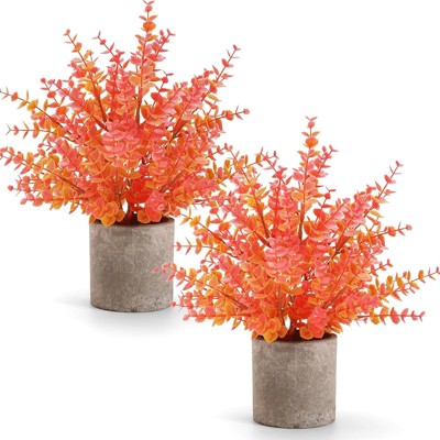 BRINJOY 2-Pack Fall Potted Artificial Eucalyptus Plants - 14" Orange Faux Greenery for Autumn Home & Shelf Decor (Large)