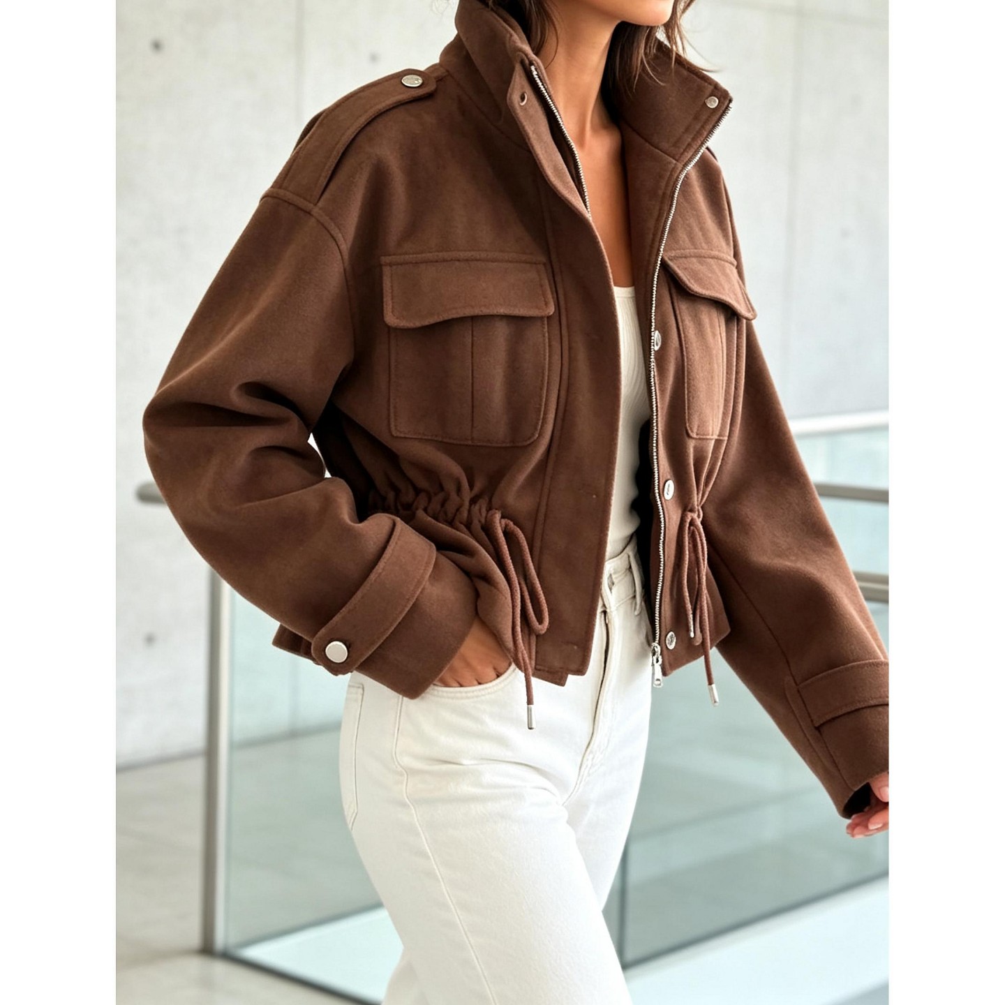 Женская куртка YesFashion Women Drawstring Waist Cropped Utility Jacket Long Sleeve Zip‑Up Stand Collar Casual Outerwear, Brown, цвет: Коричневый — фото 2