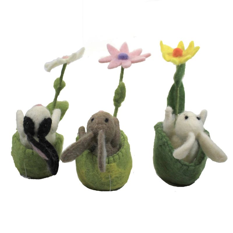 5.5 Inch Wool Bunny In Basket Set / 3 Rabbit Vintage Spring Flower Figurines, 2 of 4