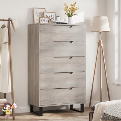 Jojoka 5 Drawer Dresser, Tall Freestanding Storage Chest with Adjustable Legs, Vertical Wooden Closet Organizer for Bedroom, Entryway