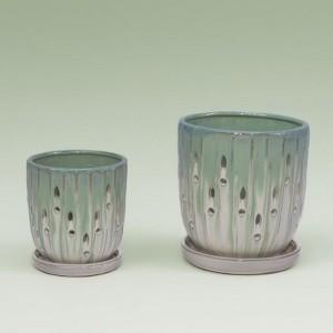KTMBDW Ceramic Planter Set of 2 with Drainage Hole and Saucer for Plants, Hollow & Striped Design Ceramic Flowerpot for Patio, Garden - 1 of 4
