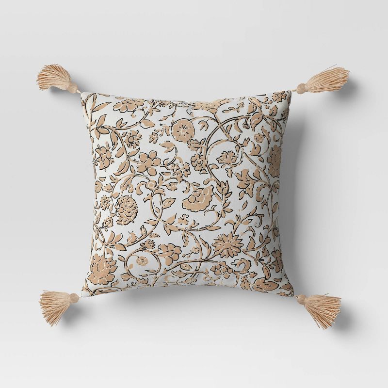 18&#34;x18&#34; Floral Square Outdoor Throw Pillow Tan/White - Threshold&#8482;, 1 of 6
