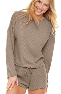 Women's Soft Ribbed Waffle Rib Knit Henley Pajamas Lounge Set