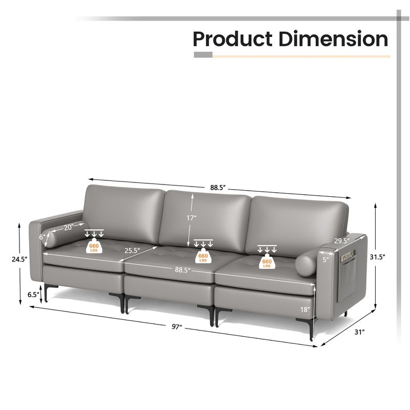 Costway Modern Modular 3-Seat Sofa Couch with Side Storage Pocket & Metal Leg Grey/Red, 4 of 11