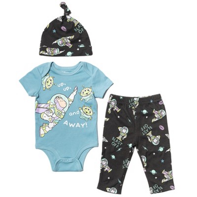 Image of Disney Pixar Toy Story Alien Buzz Lightyear Newborn Baby Boys Bodysuit Pants and Hat 3 Piece Outfit Set Black/Blue 3-6 Months