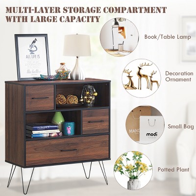Walnut Multipurpose Sideboard Storage Cabinet with Metal Legs and Drawers