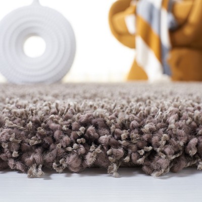 Taupe Round Hand-Knotted Shag Synthetic Area Rug