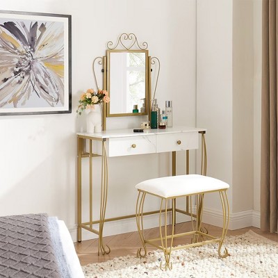 Bestier Vanity Table Set 3 Pieces Table with Mirror & Stool,White Makeup Dressing Desk with Drawers for Girls,Women,Bedroom,Gift