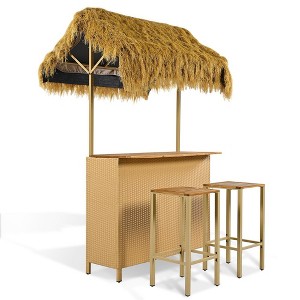 3 Piece Wicker Bar Set for 2, Bar Height Patio Set with PE Grass Canopy, Outdoor Patio Bistro Set, Rattan Conversation Chair Set For Backyard Garden - 1 of 4
