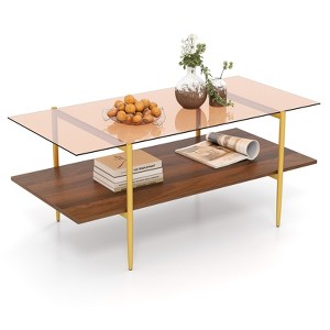Tangkula 2-Tier Glass Coffee Table w/ Tampered Glass Tabletop & Open Storage Shelf - 1 of 4