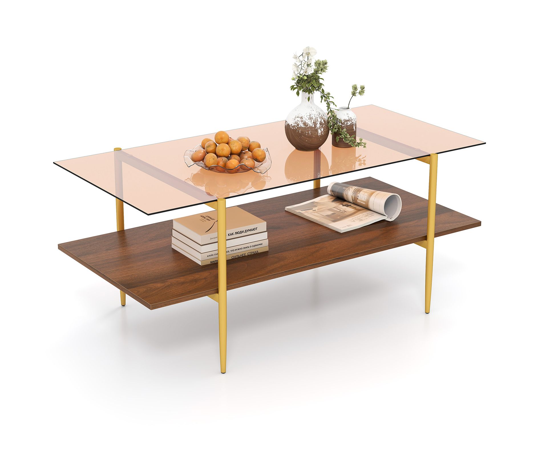 Tangkula 2-Tier Glass Coffee Table w/ Tampered Glass Tabletop & Open Storage Shelf