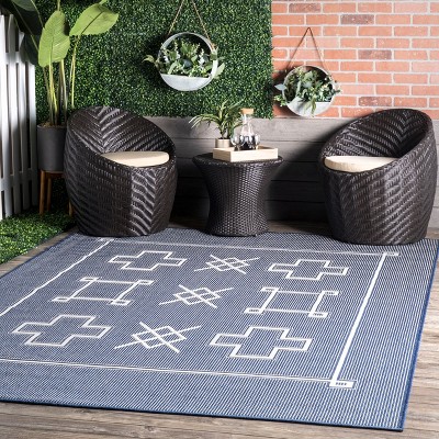 Blue Geometric Synthetic Indoor/Outdoor Patio Area Rug