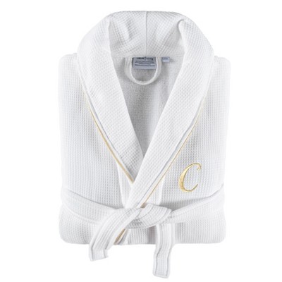 Linum Home Textiles Hotel 100% Turkish Cotton Waffle Terry Personalized White Bathrobe with Gold Satin Piped Trim in Gold Script Font