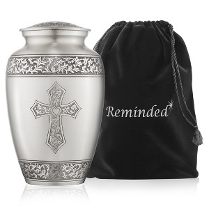 Reminded Adult Cremation Memorial Urn for Human Ashes, Etched Cross Brass Funeral Urn with Velvet Bag - 1 of 4