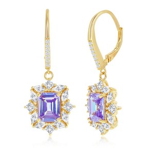 Bella Silver Sterling Silver Asscher-Cut Lavender CZ Earrings- Gold Plated - Purple - 1 of 2