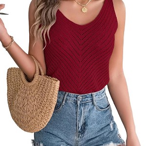 Women's V Neck Sleeveless Tank Tops Sweater Vest Crochet Hollow Out Summer Causal Knitted Top - 1 of 4