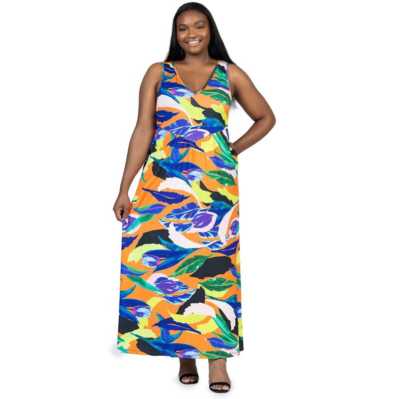 24seven Comfort Apparel Multicolor Floral Sleeveless V Neck Plus Size Maxi Dress With Pockets, 4 of 7