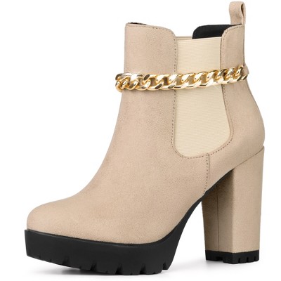 Allegra K Women's Platform Chain Decor Chunky High Heel Chelsea Boots