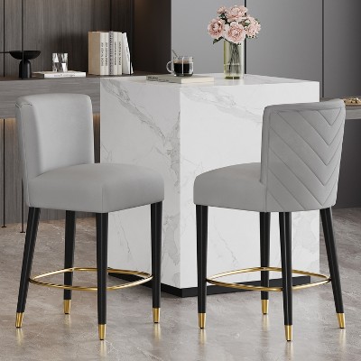 Set of 2 Upholstered Counter Stools Bar Stools Dining Chairs Accent chairs Armless Chairs Pub Kitchen Stools with Footrest, Beige/Gray-ModernLuxe