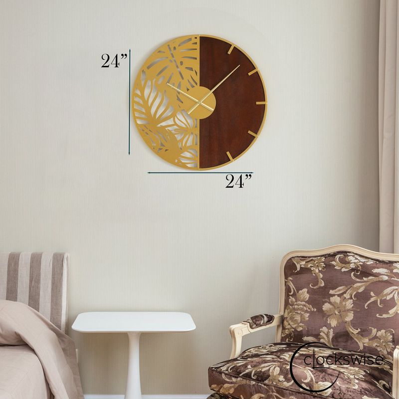 Clockswise 23.6” Round Big Wall Clock, brown wood and gold Metal with Leaf Cutout for Entryway Office Living Room or Kitchen, Hanging Supplies Include, 2 of 9
