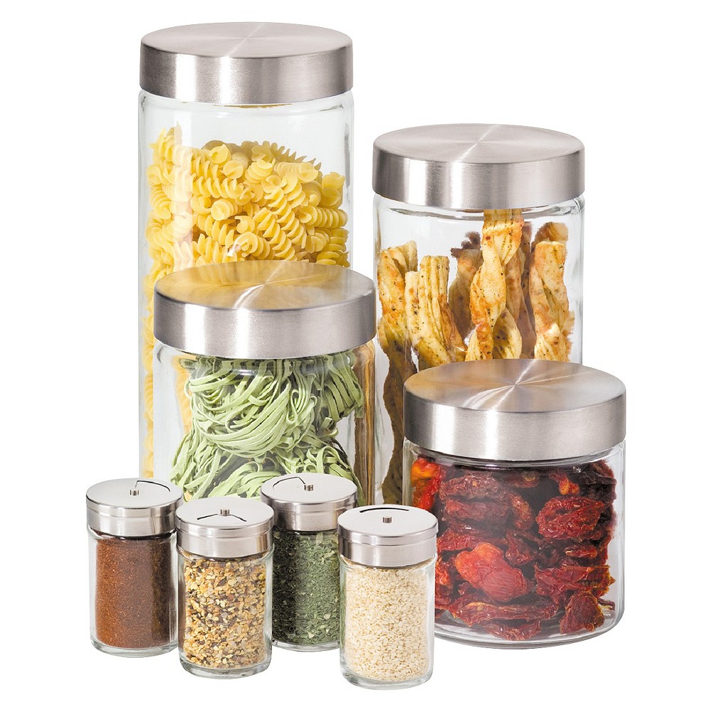 Oggi 8 Piece Round Airtight Glass Canister and Spice Jar Set with Stainless Steel Lids