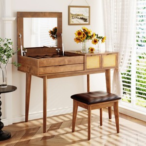 43.3'' Classic Wood Dresser Table with Flip-Top Mirror Makeup Vanity Set, Dressing Table with 3 Drawers, Storage Space & Stool – Cuddlewood - 1 of 4