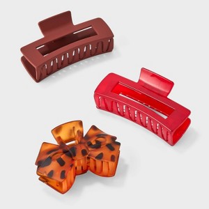 Rectangle and Bow Claw Hair Clip Set 3pc - Wild Fable™ Red/Orange - 1 of 3