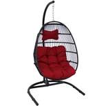 Sunnydaze Outdoor Resin Wicker Patio Julia Hanging Basket Egg Chair Swing with Cushions, Headrest, and Steel Stand Set - 3pc