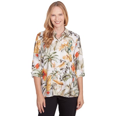 Alfred Dunner Womens Tropical Bird Button Front Top