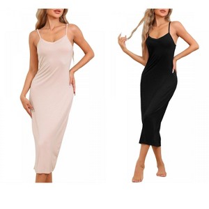 cheibear Women's Modal V Neck Adjustable Spaghetti Strap Chemise Sleep Dress - 1 of 4