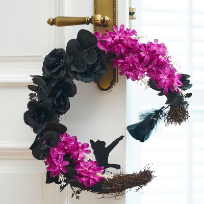 Joyfy Halloween Moon Black Cat Wreath, Halloween Front Door Decorations Party Favors Window Wall Decor Indoor Outdoor Use