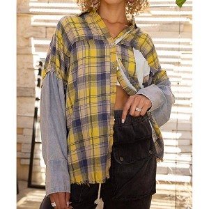 Women's V-neck Vintage Flannel Top - POL - 1 of 2