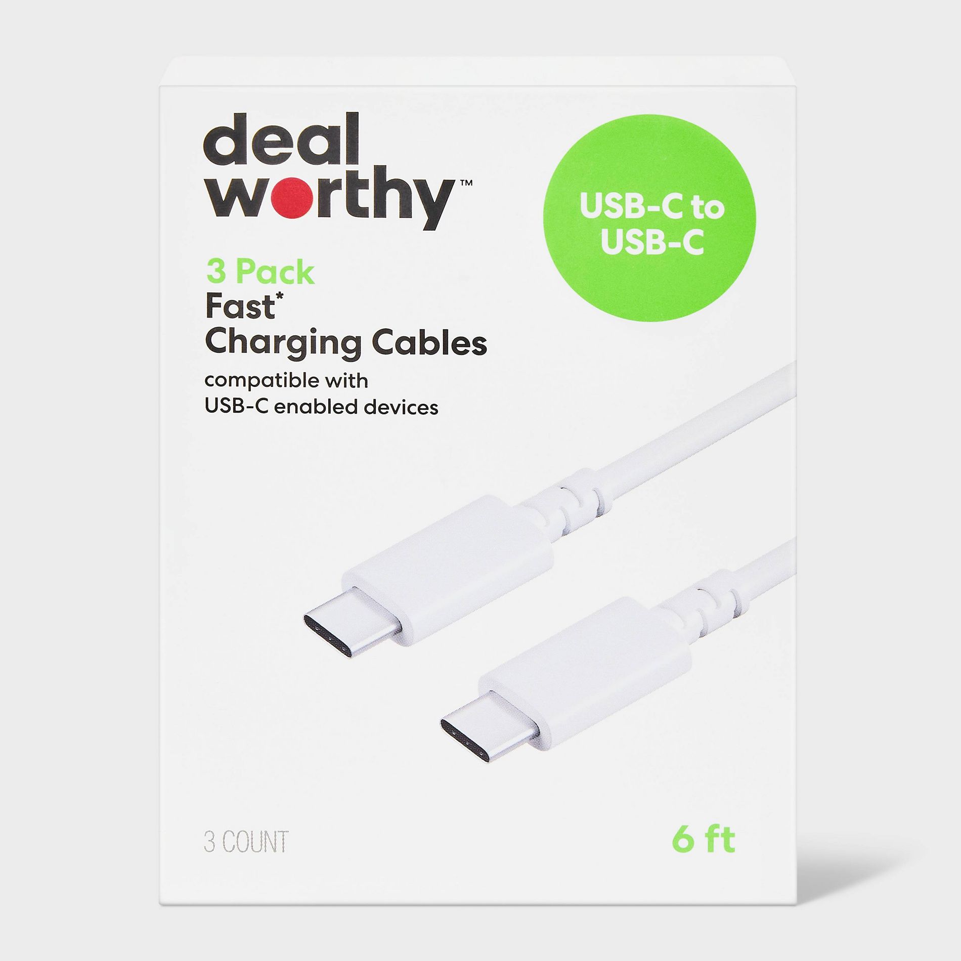 6' USB-C to USB-C Charging Cables 3pk - dealworthy™ White: Male-To-Male Connector