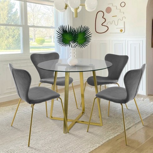 Hana flavia 5 piece Round Glass Gold Legs Dining Table Set With 4