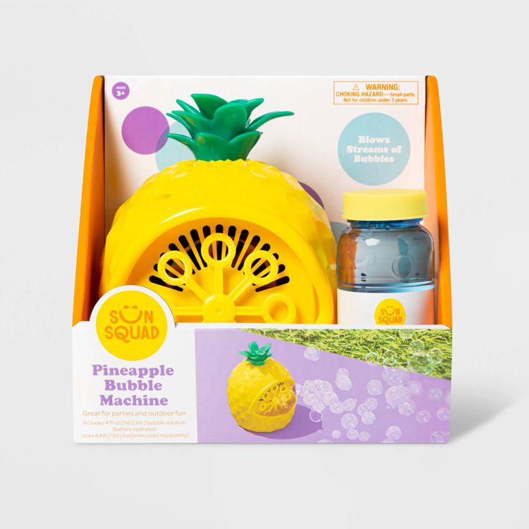 Yellow colored pineapple-shaped bubble machine with a green top, accompanied by a bottle of bubble solution, in a branded package labeled "Sun Squad Pineapple Bubble Machine."